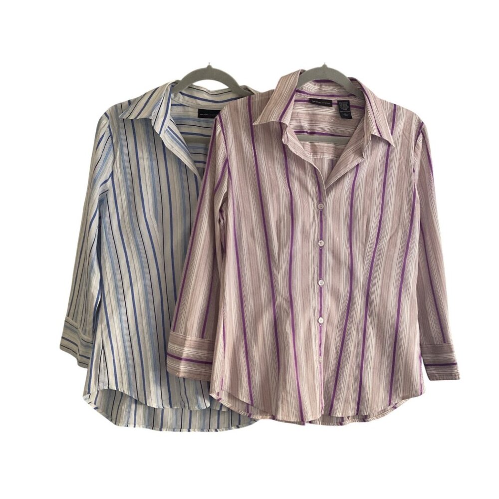 New York Co Stretch Blouse Stripe LS Button Front Women Large Lot of 2